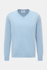 FTC Cashmere V-Neck Pullover hellblau meliert, Slim Fit, nachhaltiger Fair-Trade-Cashmere, weicher Griff, V-Ausschnitt, Rippbündchen, Frontansicht.