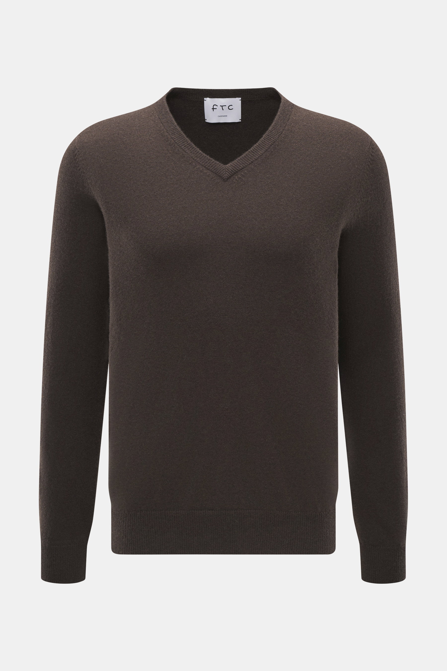 FTC Cashmere V-Neck Pullover dunkelbraun, Slim Fit, aus nachhaltigem Fair-Trade-Cashmere, V-Ausschnitt, Rippbündchen, Frontansicht, feines Strickbild.