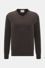 FTC Cashmere V-Neck Pullover dunkelbraun, Slim Fit, aus nachhaltigem Fair-Trade-Cashmere, V-Ausschnitt, Rippbündchen, Frontansicht, feines Strickbild.