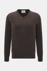 FTC Cashmere V-Neck Pullover dunkelbraun, Slim Fit, aus nachhaltigem Fair-Trade-Cashmere, V-Ausschnitt, Rippbündchen, Frontansicht, feines Strickbild.