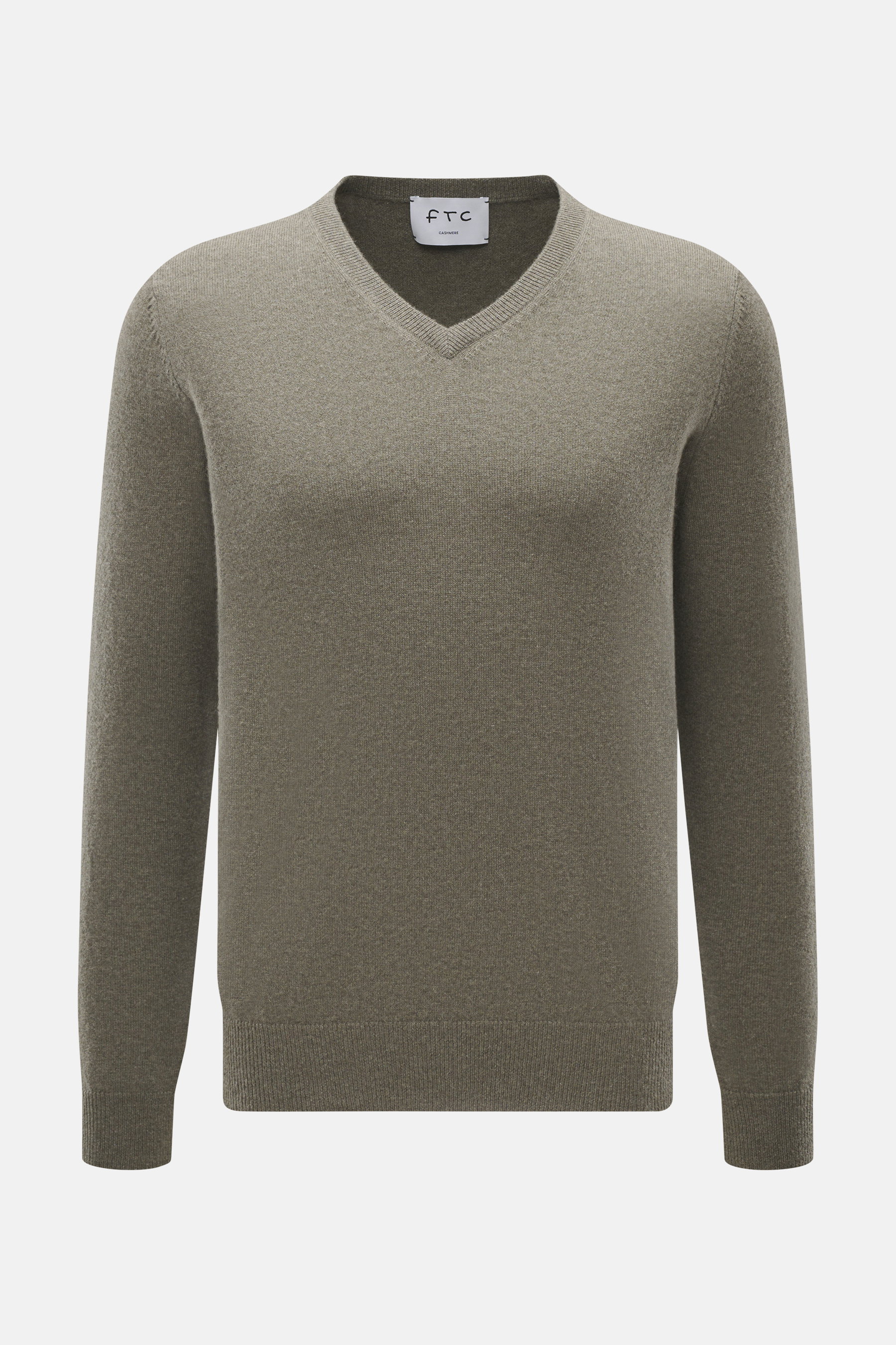 FTC Cashmere V-Neck Pullover graugrün meliert, Slim Fit, V-Ausschnitt, feines Strickbild, fair-trade Cashmere, Rippbündchen, frontal fotografiert.