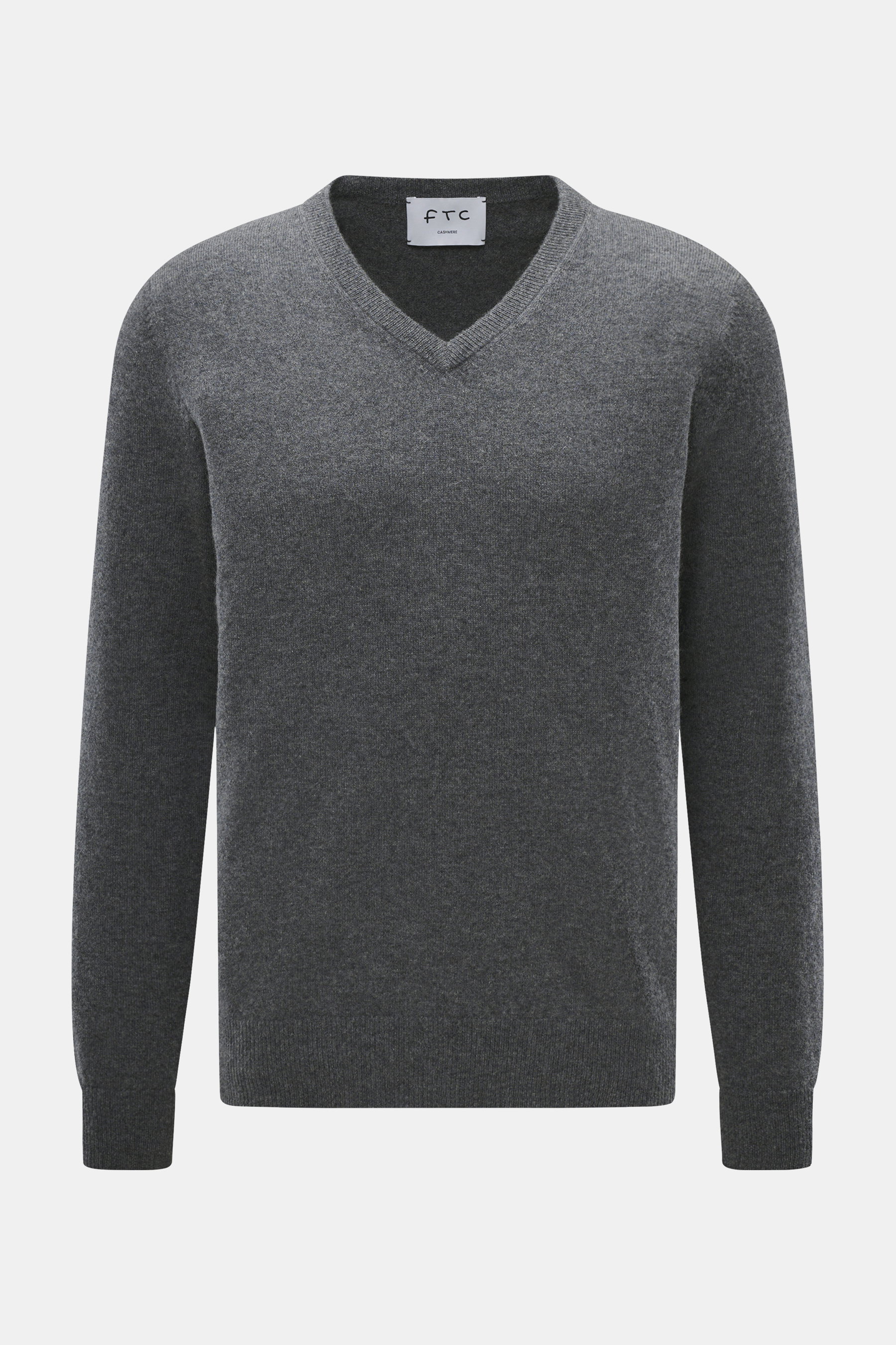 FTC Cashmere V-Neck Pullover dunkelgrau meliert, Slim Fit, V-Ausschnitt, feines Strickbild, reiner Fair-Trade-Cashmere, frontal fotografiert.