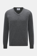 FTC Cashmere V-Neck Pullover dunkelgrau meliert, Slim Fit, V-Ausschnitt, feines Strickbild, reiner Fair-Trade-Cashmere, frontal fotografiert.