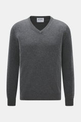 FTC Cashmere V-Neck Pullover dunkelgrau meliert, Slim Fit, V-Ausschnitt, feines Strickbild, reiner Fair-Trade-Cashmere, frontal fotografiert.