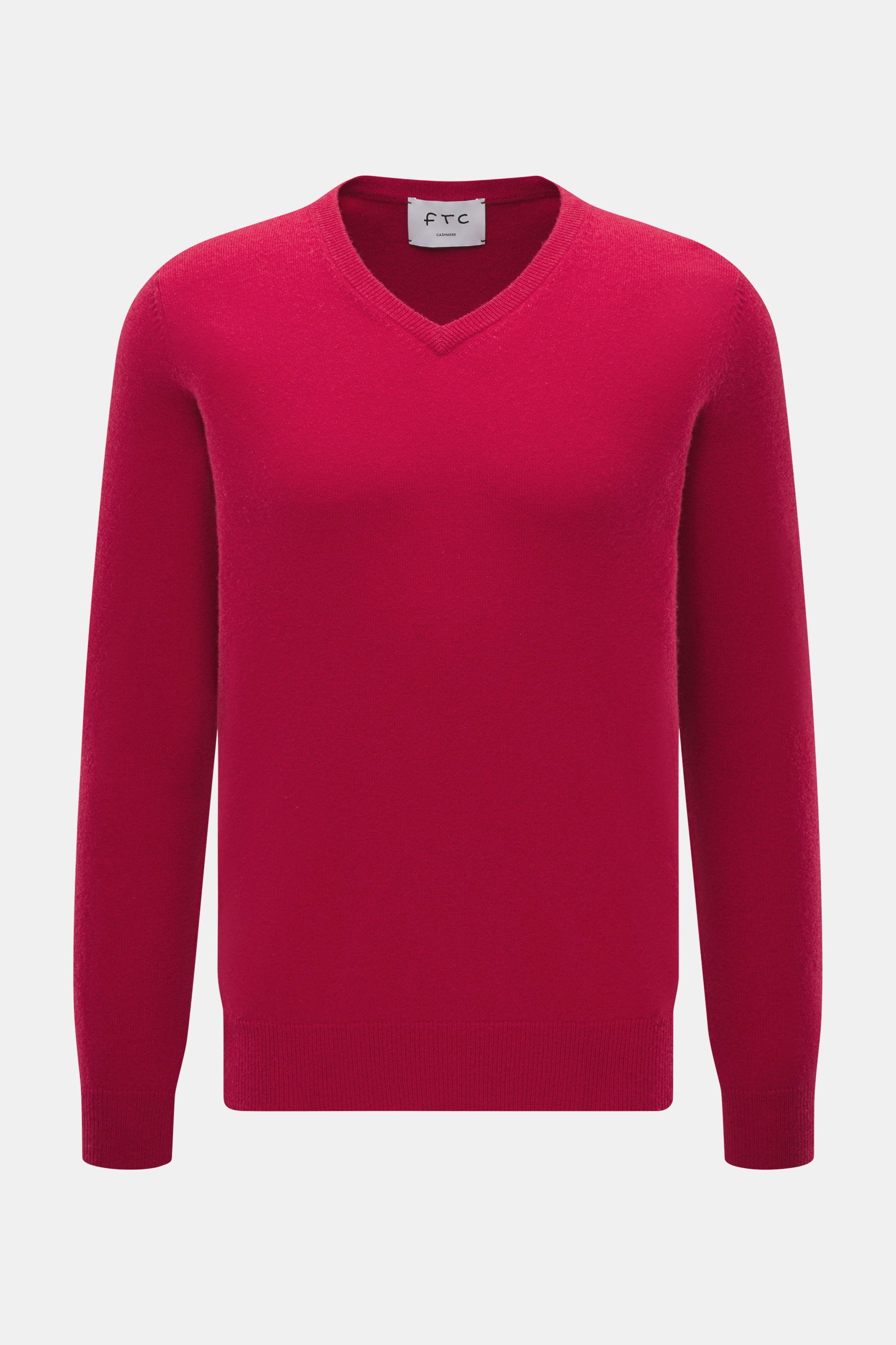 FTC Cashmere V-Neck Pullover rot, klassisch mit V-Ausschnitt, Slim Fit, feinem Strickbild, weicher Fair-Trade-Cashmere, frontal fotografiert.