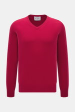 FTC Cashmere V-Neck Pullover rot, klassisch mit V-Ausschnitt, Slim Fit, feinem Strickbild, weicher Fair-Trade-Cashmere, frontal fotografiert.