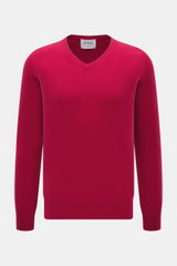 FTC Cashmere V-Neck Pullover rot, klassisch mit V-Ausschnitt, Slim Fit, feinem Strickbild, weicher Fair-Trade-Cashmere, frontal fotografiert.