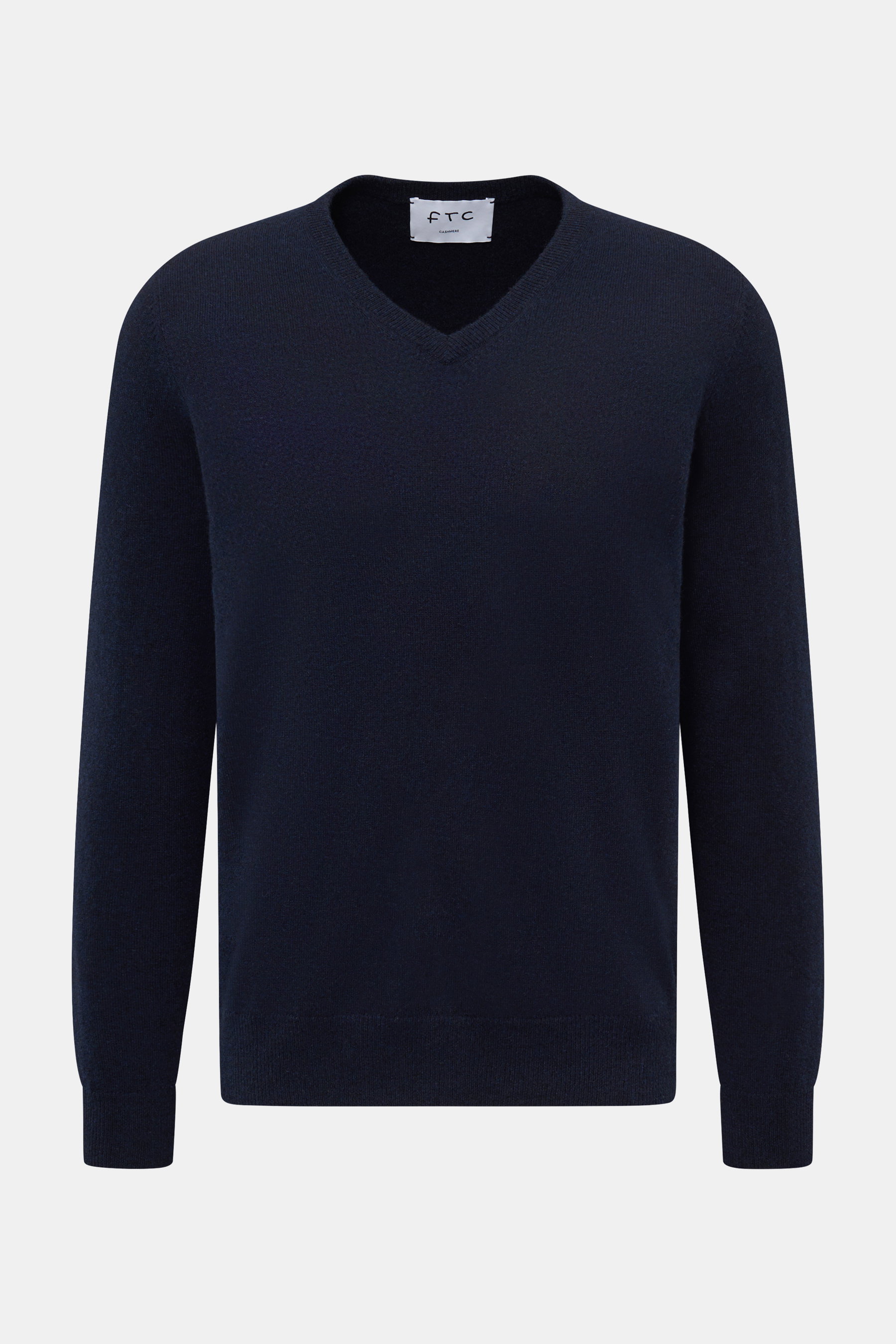 FTC Cashmere V-Neck Pullover navy, Slim Fit, fairer Cashmere, weicher Griff, feines Strickbild, V-Ausschnitt, Rippbündchen, Frontansicht.