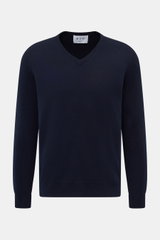 FTC Cashmere V-Neck Pullover navy, Slim Fit, fairer Cashmere, weicher Griff, feines Strickbild, V-Ausschnitt, Rippbündchen, Frontansicht.