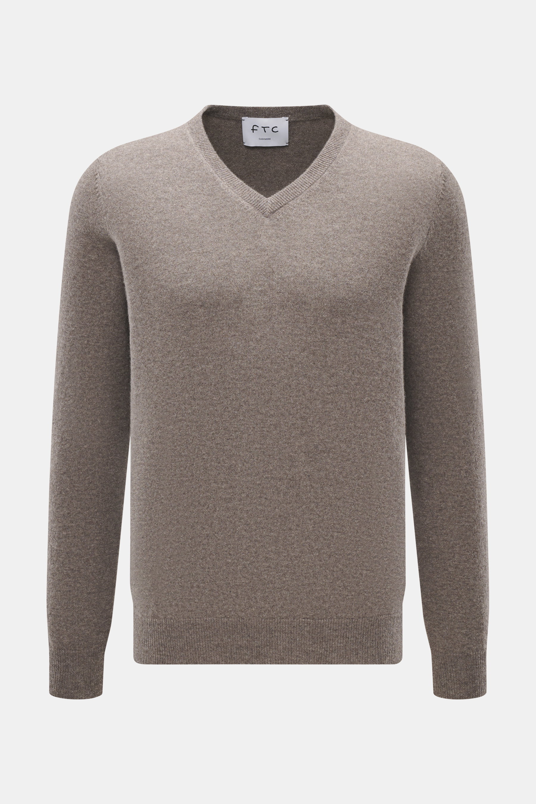 FTC Cashmere V-Neck Pullover taupe meliert, Slim Fit mit V-Ausschnitt, feinem Strickbild, weicher Fair-Trade-Cashmere, Rippbündchen, Frontansicht.