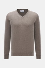 FTC Cashmere V-Neck Pullover taupe meliert, Slim Fit mit V-Ausschnitt, feinem Strickbild, weicher Fair-Trade-Cashmere, Rippbündchen, Frontansicht.