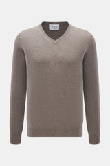 FTC Cashmere V-Neck Pullover taupe meliert, Slim Fit mit V-Ausschnitt, feinem Strickbild, weicher Fair-Trade-Cashmere, Rippbündchen, Frontansicht.