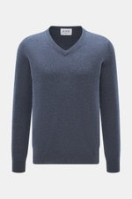 FTC Cashmere V-Neck Pullover graublau meliert, Slim Fit, V-Ausschnitt, feines Strickbild, weicher Fair-Trade-Cashmere, Frontansicht