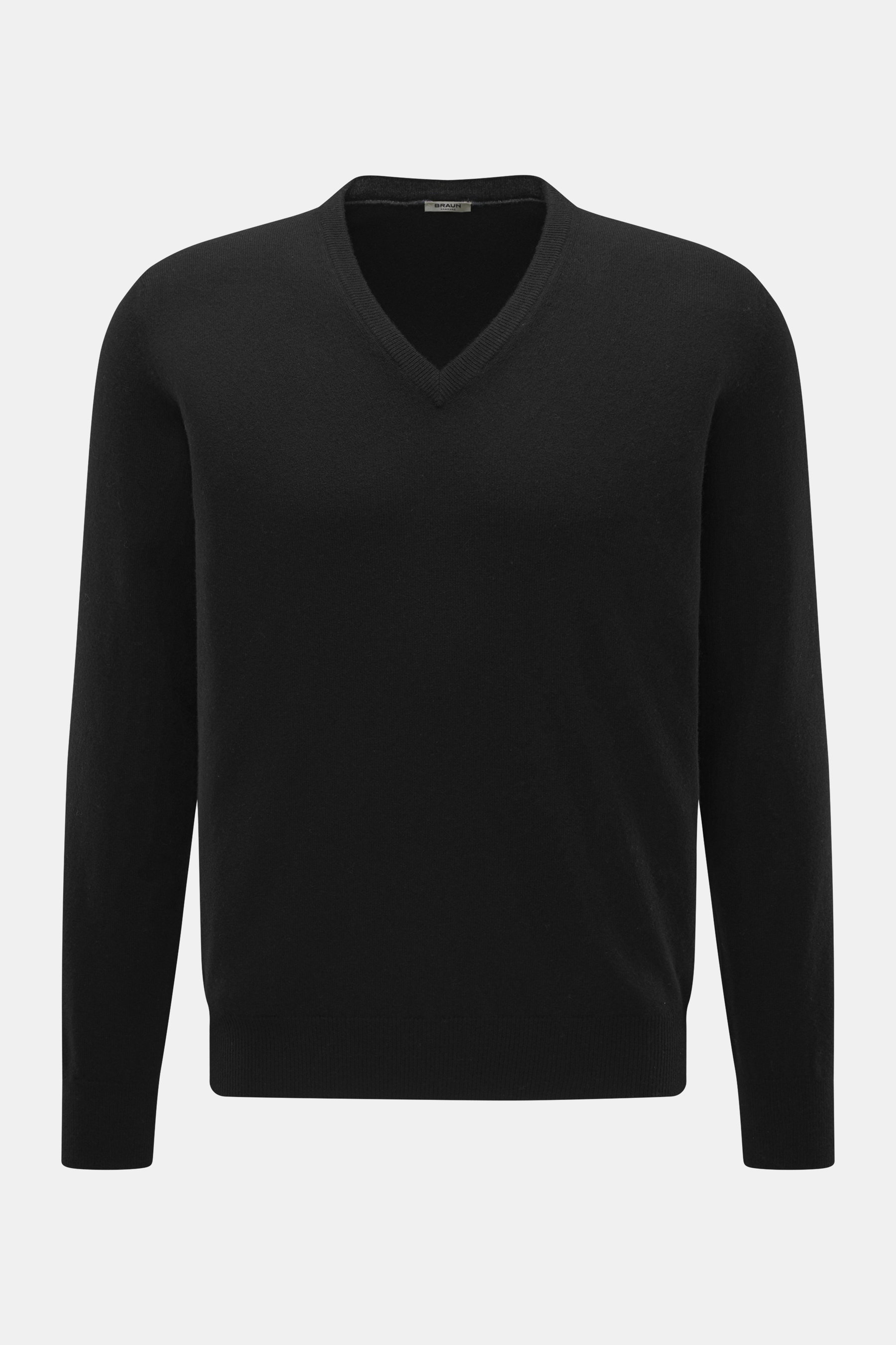 BRAUN Hamburg Cashmere V-Neck Pullover schwarz, Vorderansicht, Slim Fit, V-Ausschnitt, reiner Cashmere, weicher Griff, feines Strickbild, flexible Rippbündchen, Made in Italy.