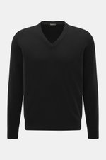 BRAUN Hamburg Cashmere V-Neck Pullover schwarz, Vorderansicht, Slim Fit, V-Ausschnitt, reiner Cashmere, weicher Griff, feines Strickbild, flexible Rippbündchen, Made in Italy.