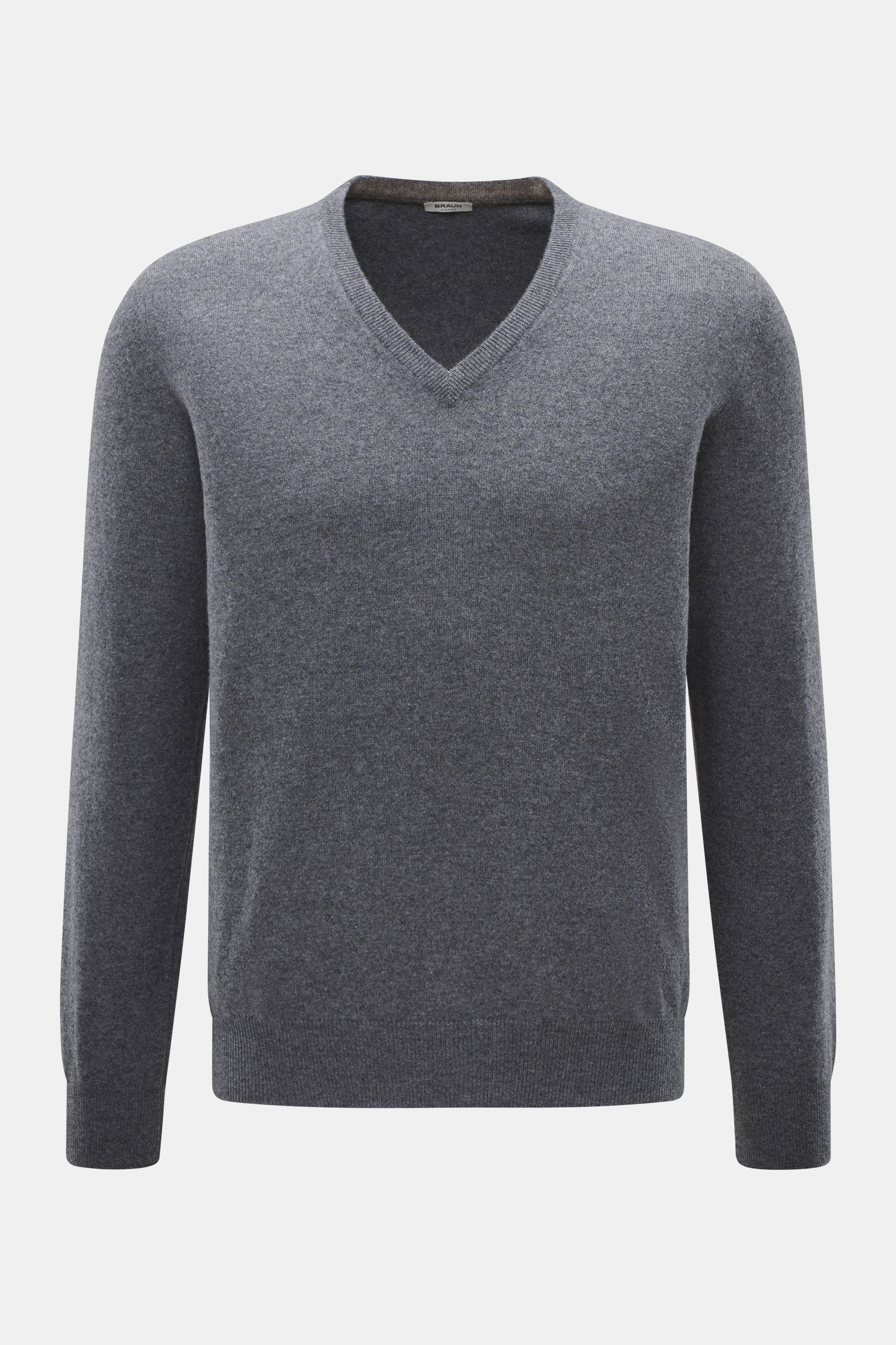 BRAUN Hamburg Cashmere V-Neck Pullover dunkelgrau meliert, frontal fotografiert, Slim Fit, reiner Cashmere, sehr weicher Griff, feines Strickbild, V-Ausschnitt, flexible Rippbündchen, Made in Italy.