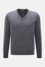 BRAUN Hamburg Cashmere V-Neck Pullover dunkelgrau meliert, frontal fotografiert, Slim Fit, reiner Cashmere, sehr weicher Griff, feines Strickbild, V-Ausschnitt, flexible Rippbündchen, Made in Italy.