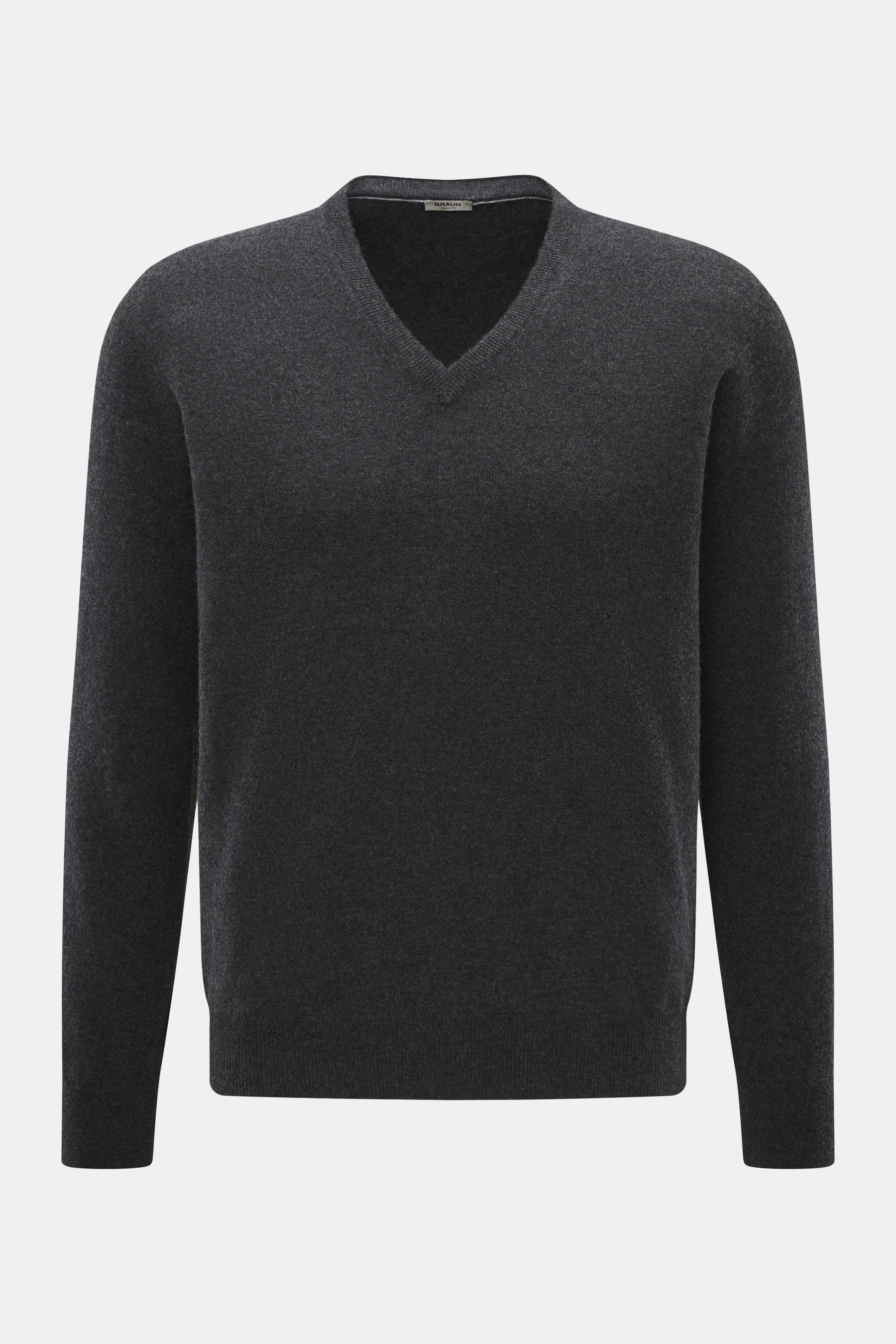 Vorderansicht des BRAUN Hamburg Cashmere V-Neck Pullover anthrazit meliert, Slim Fit, reiner Cashmere, sehr weicher Griff, feines Strickbild, V-Ausschnitt, flexible Rippbündchen, Made in Italy.
