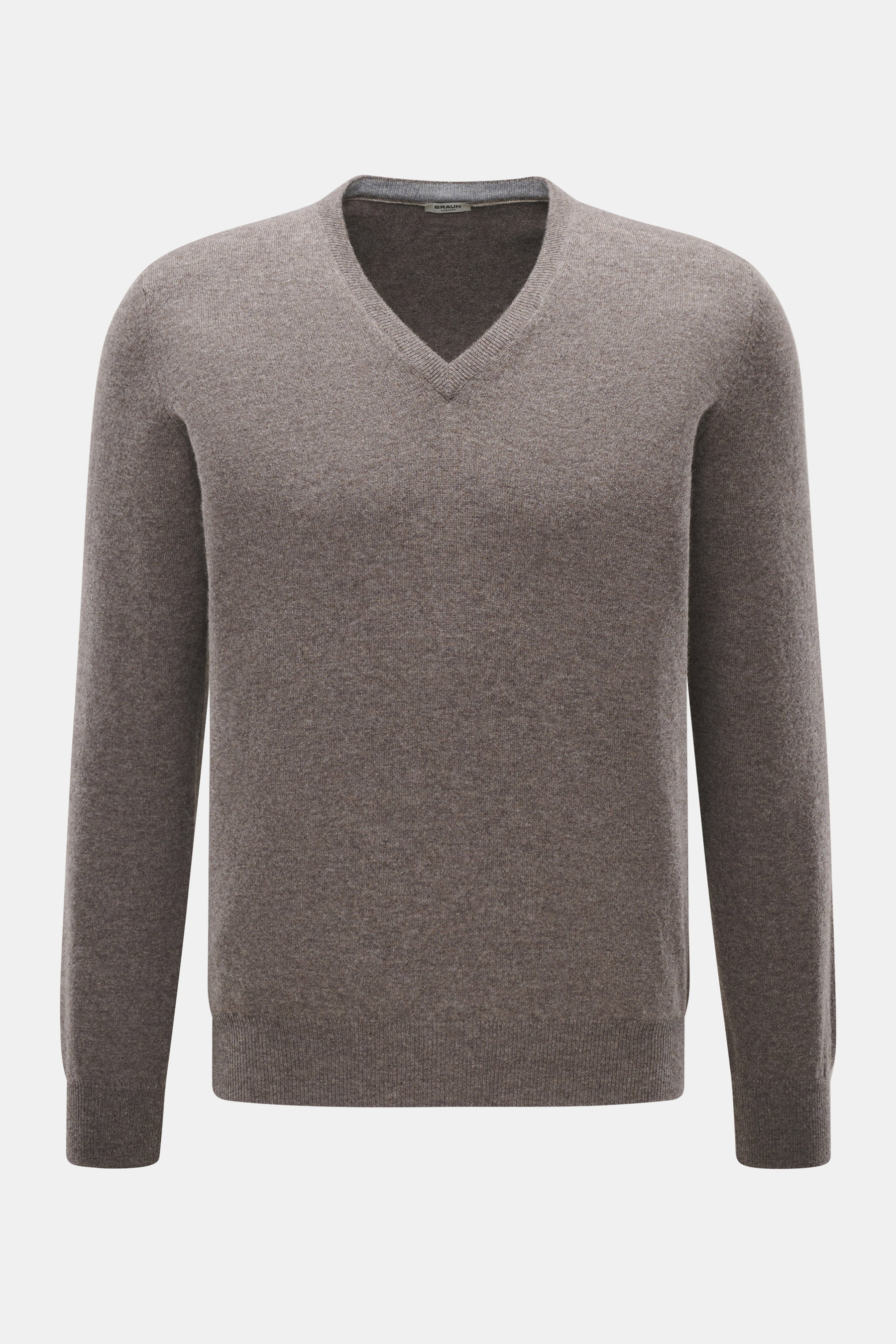 BRAUN Hamburg Cashmere V-Neck Pullover taupe meliert, Slim Fit, feines Strickbild, reiner Cashmere, weicher Griff, V-Ausschnitt, flexible Rippbündchen, Made in Italy, Frontansicht.