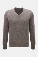 BRAUN Hamburg Cashmere V-Neck Pullover taupe meliert, Slim Fit, feines Strickbild, reiner Cashmere, weicher Griff, V-Ausschnitt, flexible Rippbündchen, Made in Italy, Frontansicht.