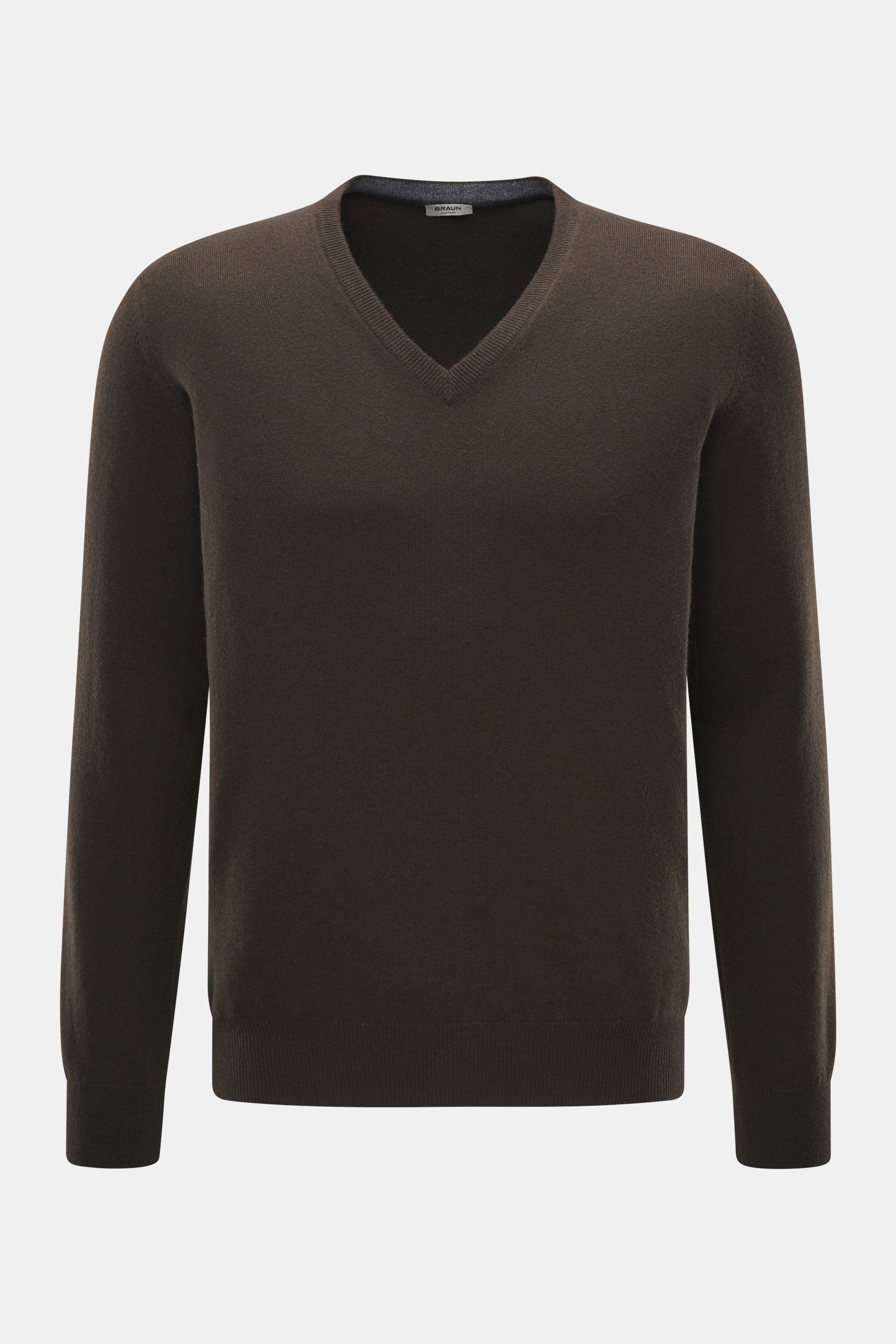 BRAUN Hamburg Cashmere V-Neck Pullover dunkelbraun, Frontaufnahme, Slim Fit, V-Ausschnitt, reiner Cashmere, sehr weicher Griff, feines Strickbild, flexible Rippbündchen, Made in Italy.