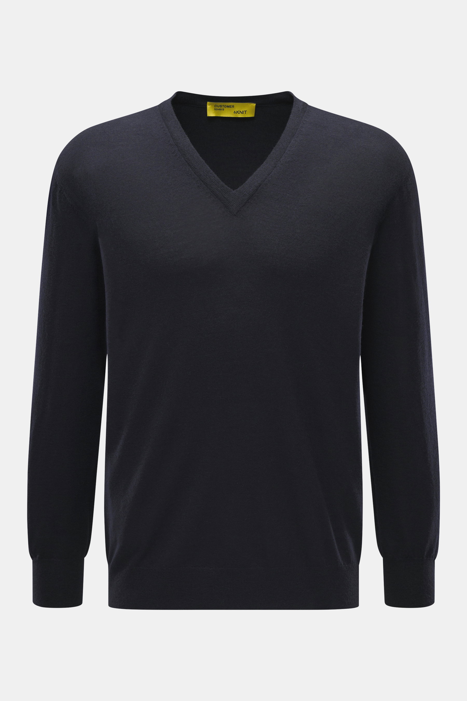 B.F. Knitwear Merino V-Neck Pullover navy, feiner Merinowolle Feinstrick, V-Ausschnitt, Rippbündchen, Regular Fit, frontal fotografiert.