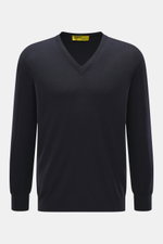 B.F. Knitwear Merino V-Neck Pullover navy, feiner Merinowolle Feinstrick, V-Ausschnitt, Rippbündchen, Regular Fit, frontal fotografiert.