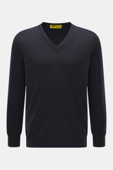 B.F. Knitwear Merino V-Neck Pullover navy, feiner Merinowolle Feinstrick, V-Ausschnitt, Rippbündchen, Regular Fit, frontal fotografiert.