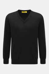 B.F. Knitwear Merino V-Neck Pullover schwarz, Feinstrick aus 100% Merinowolle, V-Ausschnitt, Rippbündchen, Regular Fit, frontal fotografiert.