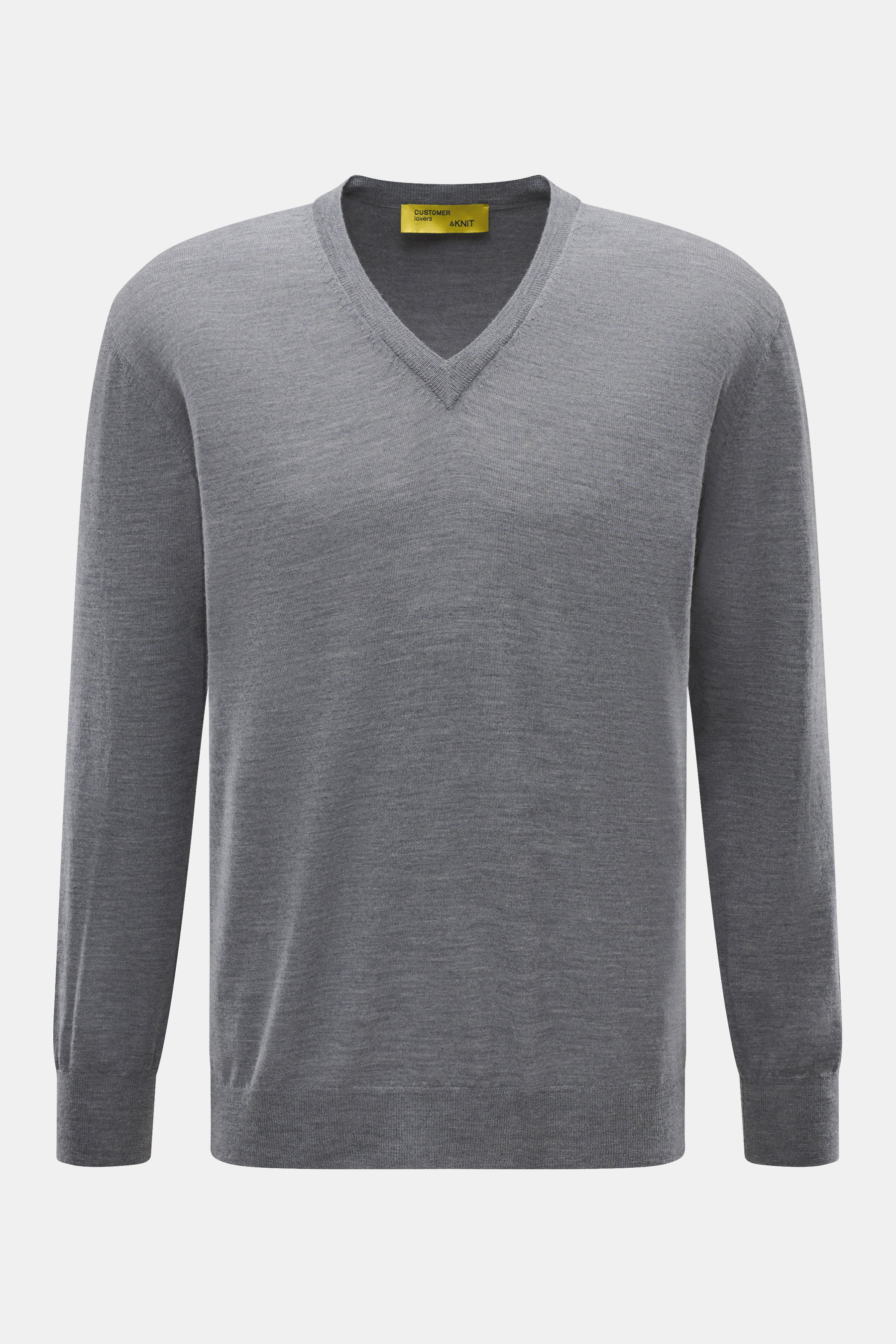 B.F. Knitwear Merino V-Neck Pullover grau meliert, frontal fotografiert, Feinstrick aus 100% Merinowolle, Regular Fit, V-Ausschnitt, weicher Griff, feines Strickbild, Rippbündchen.