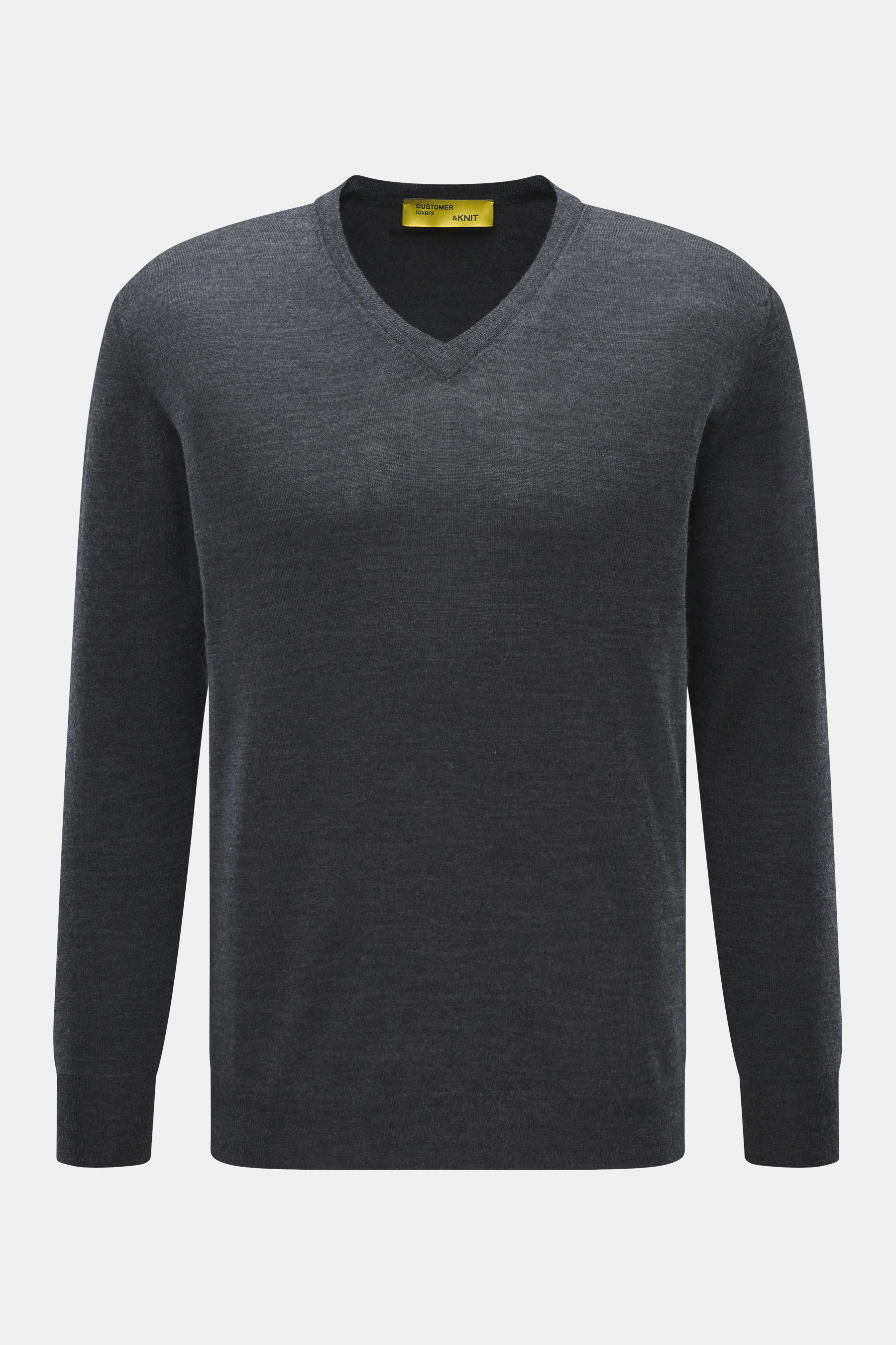 B.F. Knitwear Merino V-Neck Pullover dunkelgrau meliert, Feinstrick aus 100% Merinowolle, Regular Fit, V-Ausschnitt, Rippbündchen, Frontansicht.