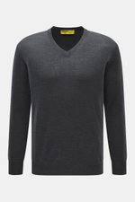 B.F. Knitwear Merino V-Neck Pullover dunkelgrau meliert, Feinstrick aus 100% Merinowolle, Regular Fit, V-Ausschnitt, Rippbündchen, Frontansicht.