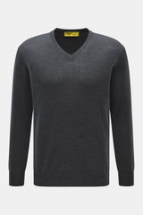 B.F. Knitwear Merino V-Neck Pullover dunkelgrau meliert, Feinstrick aus 100% Merinowolle, Regular Fit, V-Ausschnitt, Rippbündchen, Frontansicht.