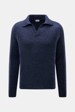 Frontale Nahaufnahme des 04651/ A trip in a bag Strickpolo 'Mouline Johnny' navy meliert mit Skipper-Kragen, Slim Fit, Mouline-Optik, mittelfeinem Strickbild, weichem Griff, flexible Rippbündchen, Mix aus Schurwolle und Cashmere.
