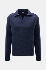 Frontale Nahaufnahme des 04651/ A trip in a bag Strickpolo 'Mouline Johnny' navy meliert mit Skipper-Kragen, Slim Fit, Mouline-Optik, mittelfeinem Strickbild, weichem Griff, flexible Rippbündchen, Mix aus Schurwolle und Cashmere.