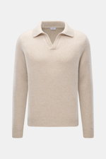 Vorderansicht des Slim Fit Strickpolo 04651/ A trip in a bag 'Mouline Johnny' beige meliert mit Skipper-Kragen, mittelfeinem Strickbild, weichem Griff, Mouline-Optik, flexible Rippbündchen, Mix aus Schurwolle und Cashmere.