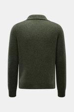 Rückansicht des dunkelgrün melierten 04651/ A trip in a bag Strickpolo 'Mouline Johnny' mit Slim Fit, Skipper-Kragen, Mouline-Optik, weichem Griff, mittelfeinem Strickbild, flexible Rippbündchen aus Schurwolle und Cashmere.