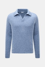 Vorderansicht des 04651/ A trip in a bag Strickpolo 'Mouline Johnny' rauchblau meliert, Slim Fit mit Skipper-Kragen, flexible Rippbündchen, mittelfeines Strickbild, Mouline-Optik, Mix aus Schurwolle und Cashmere, weicher Griff.
