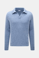 Vorderansicht des 04651/ A trip in a bag Strickpolo 'Mouline Johnny' rauchblau meliert, Slim Fit mit Skipper-Kragen, flexible Rippbündchen, mittelfeines Strickbild, Mouline-Optik, Mix aus Schurwolle und Cashmere, weicher Griff.