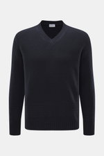 Front view of 04651/ A trip in a bag V-Neck Pullover 'Light Wool' navy, Regular Fit with a mix of wool and microfiber, fine knit pattern, soft touch, V-neck, textured knit at hem and sleeves, and wide ribbed cuffs.