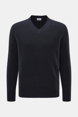 Front view of 04651/ A trip in a bag V-Neck Pullover 'Light Wool' navy, Regular Fit with a mix of wool and microfiber, fine knit pattern, soft touch, V-neck, textured knit at hem and sleeves, and wide ribbed cuffs.