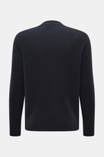 Back view of 04651/ A trip in a bag V-Neck Pullover 'Light Wool' navy, Regular Fit with a mix of wool and microfiber, fine knit pattern, soft touch, V-neck, textured knit at hem and sleeves, and wide ribbed cuffs.