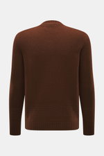 Back view of 04651/ A trip in a bag V-Neck Pullover 'Light Wool' brown in regular fit, mix of wool and microfiber, fine knit pattern, soft touch, textured knit at hem and sleeves, wide ribbed cuffs.