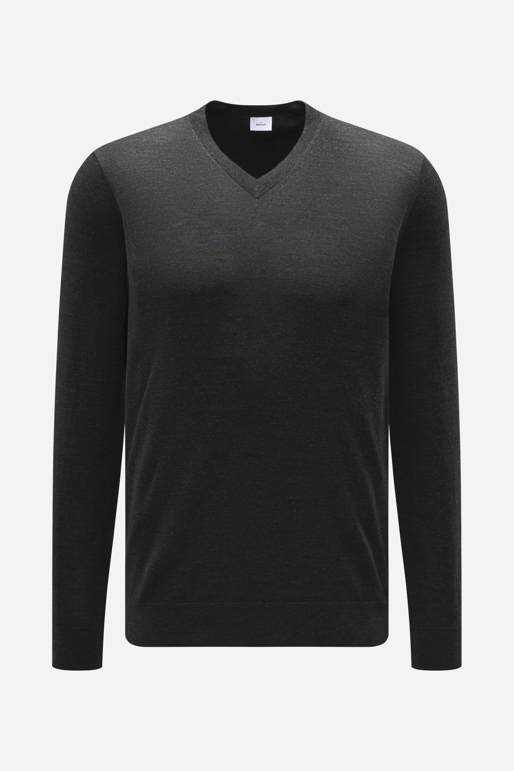 von Braun Merino Feinstrick V-Neck Pullover anthrazit, frontale Nahaufnahme, feines Strickbild, V-Ausschnitt, Regular Fit, reine Merinowolle, leichte Qualität, weicher Griff, flexible Rippbündchen