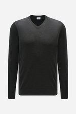 von Braun Merino Feinstrick V-Neck Pullover anthrazit, frontale Nahaufnahme, feines Strickbild, V-Ausschnitt, Regular Fit, reine Merinowolle, leichte Qualität, weicher Griff, flexible Rippbündchen