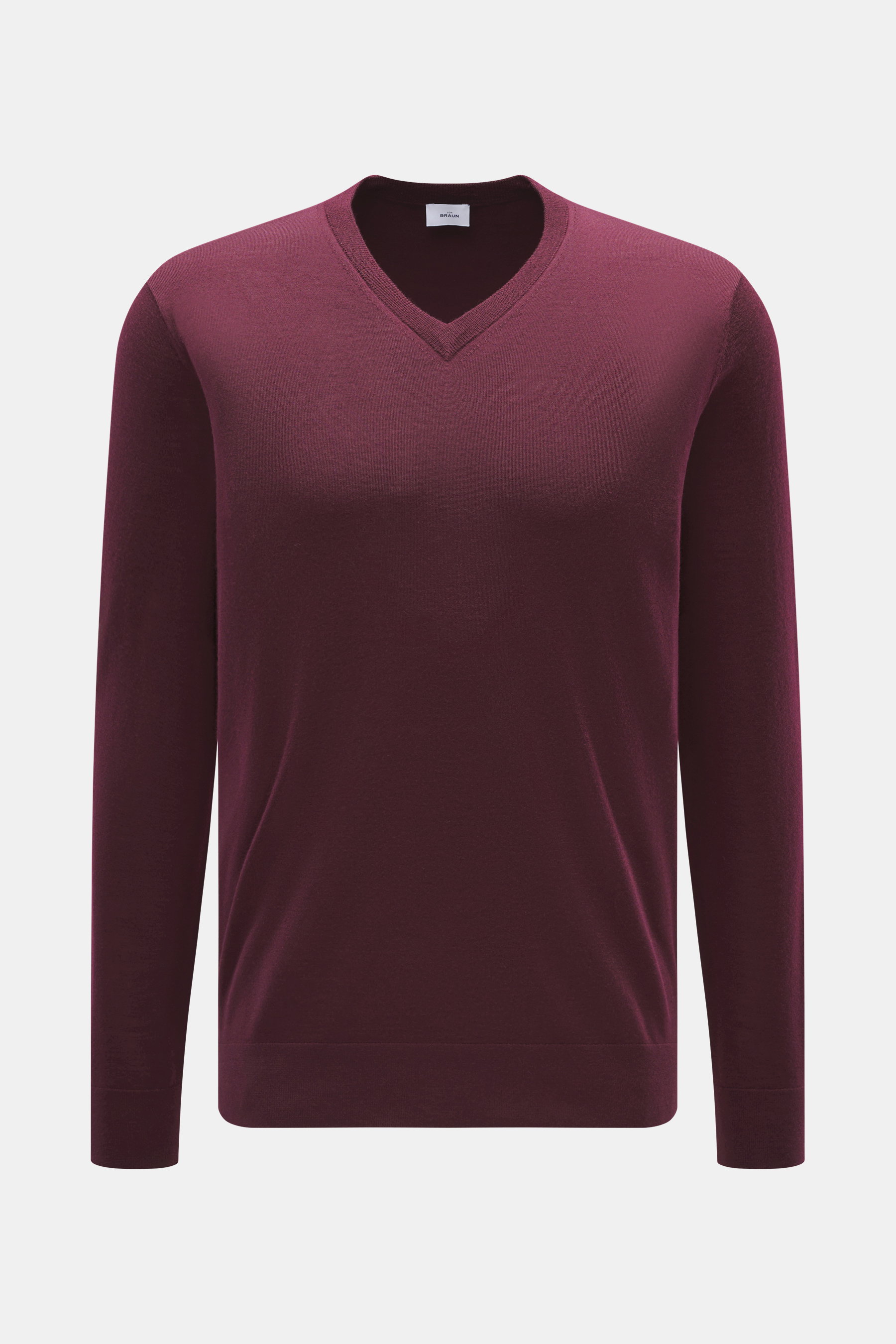 von Braun Merino Feinstrick V-Neck Pullover bordeaux, frontale Nahaufnahme, feines Strickbild, V-Ausschnitt, Regular Fit, reine Merinowolle, weicher Griff, leichte Qualität, flexible Rippbündchen