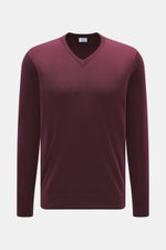 von Braun Merino Feinstrick V-Neck Pullover bordeaux, frontale Nahaufnahme, feines Strickbild, V-Ausschnitt, Regular Fit, reine Merinowolle, weicher Griff, leichte Qualität, flexible Rippbündchen