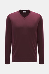 von Braun Merino Feinstrick V-Neck Pullover bordeaux, frontale Nahaufnahme, feines Strickbild, V-Ausschnitt, Regular Fit, reine Merinowolle, weicher Griff, leichte Qualität, flexible Rippbündchen