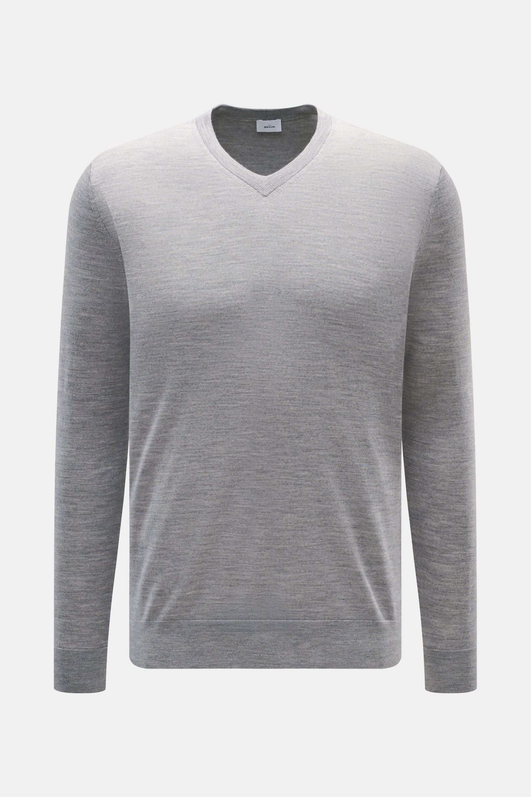 von Braun Merino Feinstrick V-Neck Pullover hellgrau, frontale Nahaufnahme, V-Ausschnitt, Regular Fit, reine Merinowolle, feines Strickbild, weicher Griff, leichte Qualität, flexible Rippbündchen