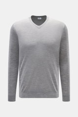 von Braun Merino Feinstrick V-Neck Pullover hellgrau, frontale Nahaufnahme, V-Ausschnitt, Regular Fit, reine Merinowolle, feines Strickbild, weicher Griff, leichte Qualität, flexible Rippbündchen